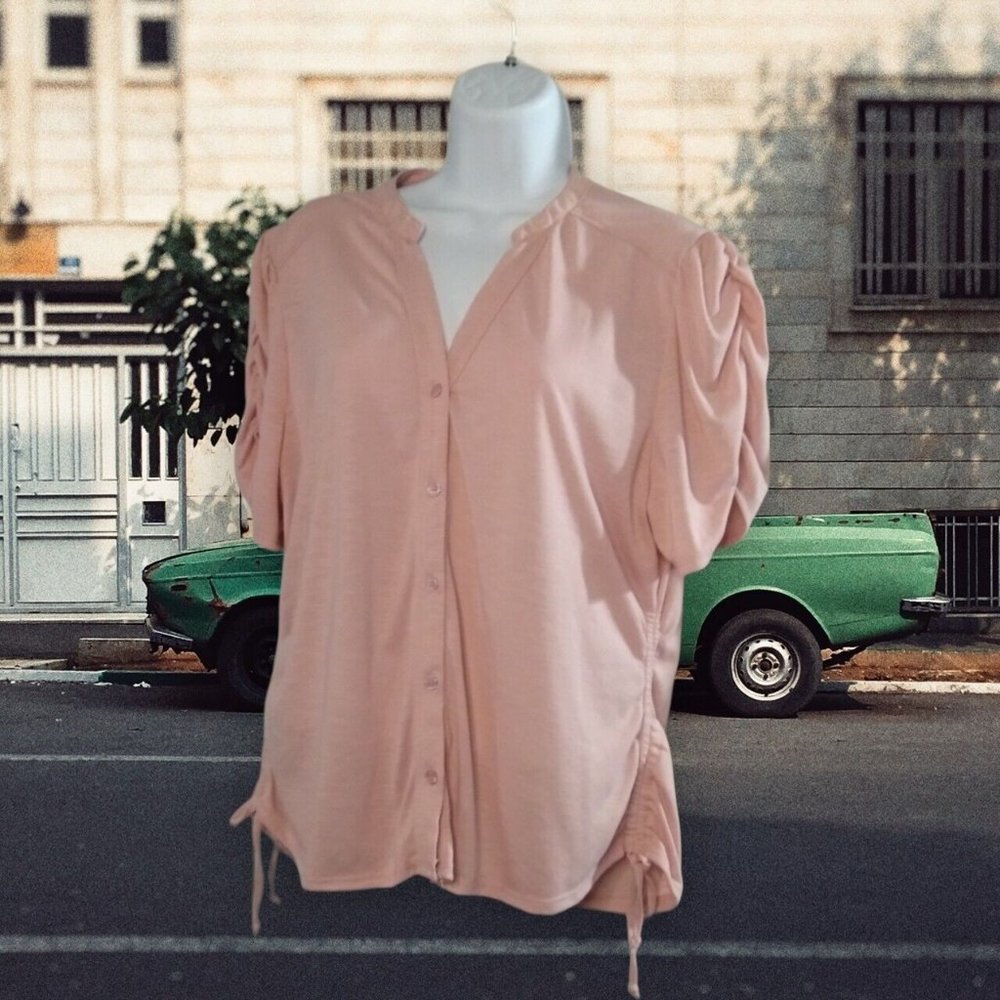 No Boundaries Shirt Womens‎ XXL Pink Drawstring Sides & Sleeves V Neck Blouse